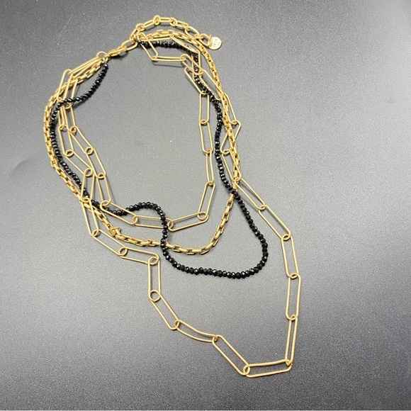 Gold Tone Paper Clip Multistrand Necklace Black Beads Layered - Picture 3 of 7
